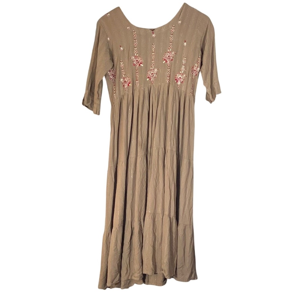 Namoh Women's‎ Mauve Embroidered Tiered Midi Dress with Metallic Stripes Size M